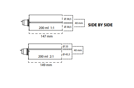 Pistola Bicomponente Side by Side 1:1 o 2:1 220ml