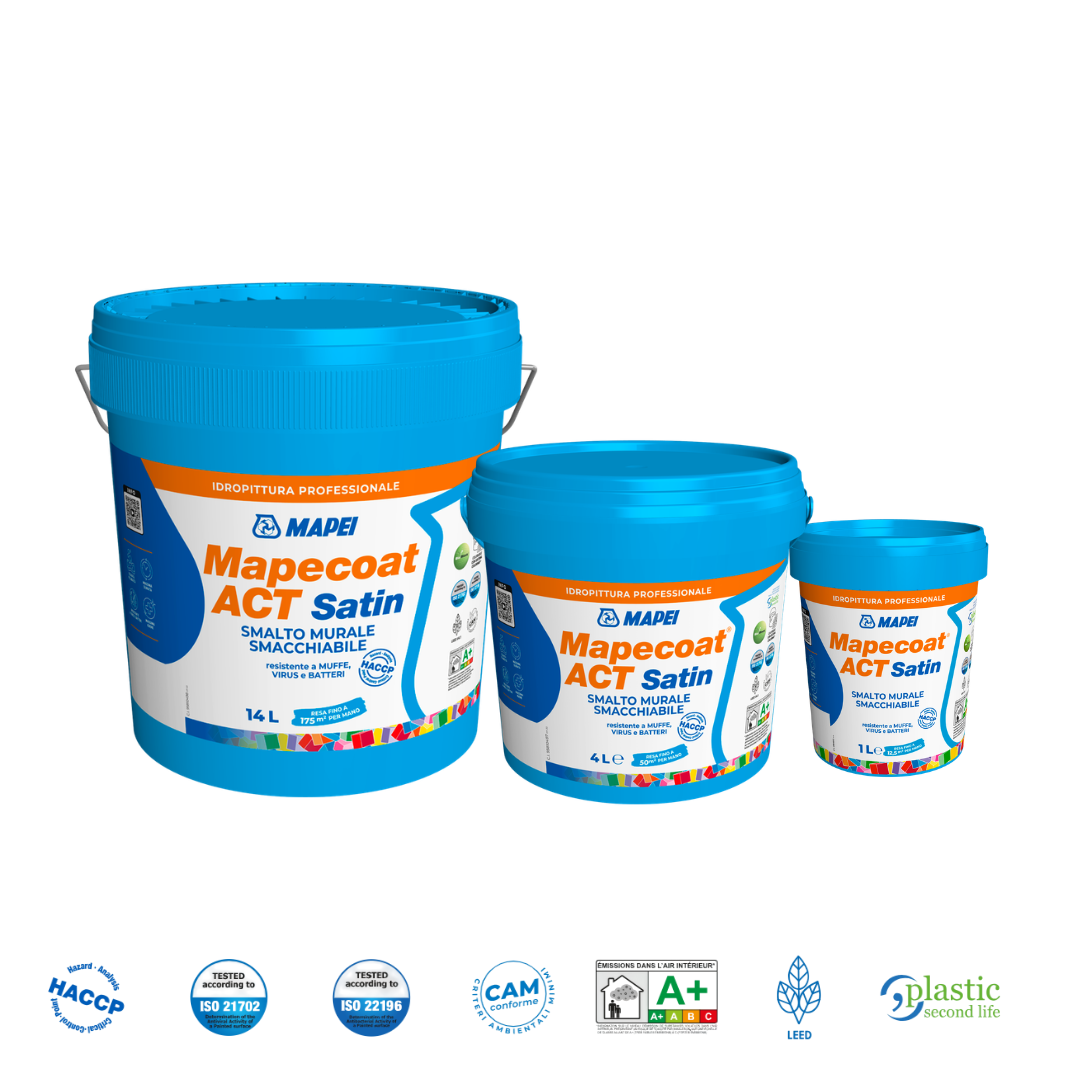 Mapecoat ACT Satin Smalto Murale Satinato Antimuffa 1, 4 e 14 L 100 Tonalità
