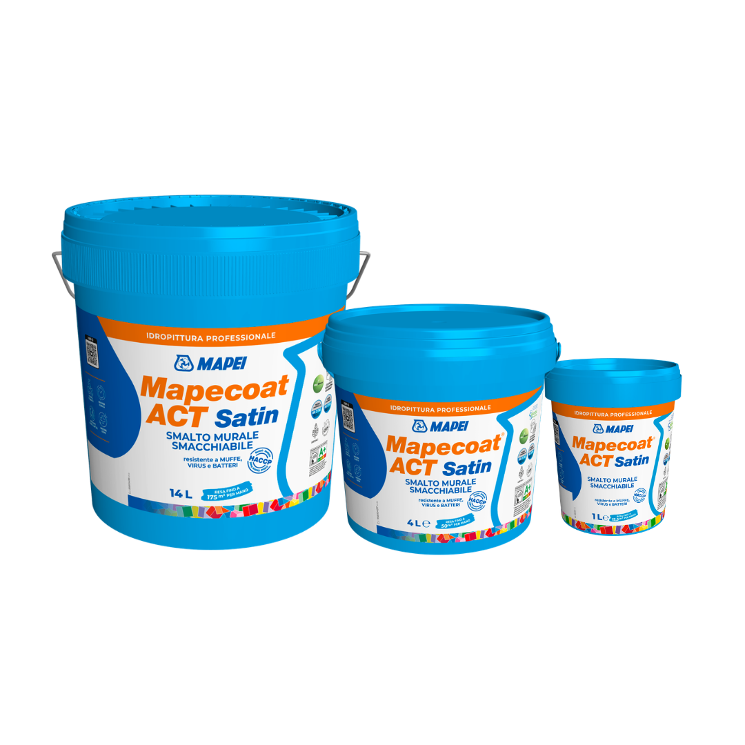 Mapecoat ACT Satin Smalto Murale Satinato Antimuffa 1, 4 e 14 L 100 Tonalità