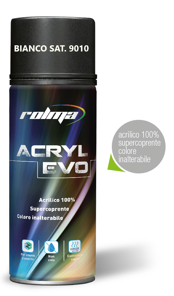 Rolma Acryl Evo Bianco Puro RAL 9010 Satinato Bomboletta Spray Vernice