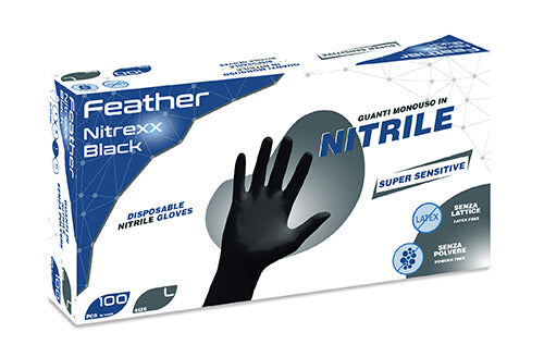 Schwarze Nitrilhandschuhe puderfrei Feder Nitrexx Schwarz Größe L