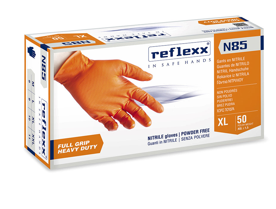 Full Grip N85 Powder Free Nitrile Gloves Orange Ultra Resistant ML XL XXL