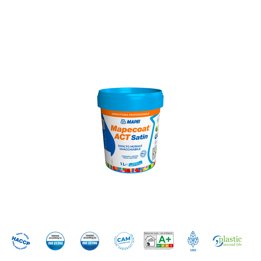 Mapecoat ACT Satin Smalto Murale Satinato Antimuffa 1, 4 e 14 L 100 Tonalità