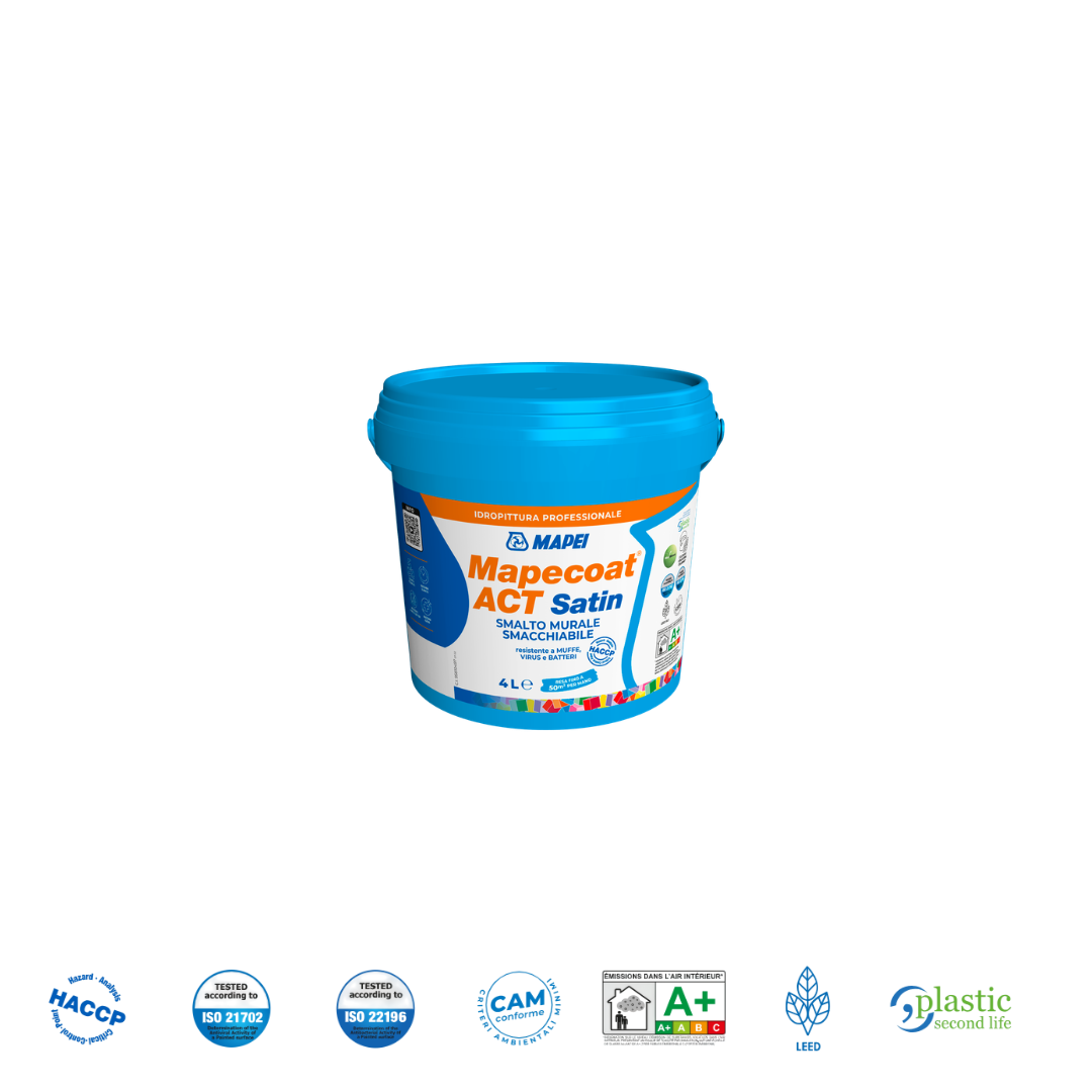 Mapecoat ACT Satin Smalto Murale Satinato Antimuffa 1, 4 e 14 L 100 Tonalità