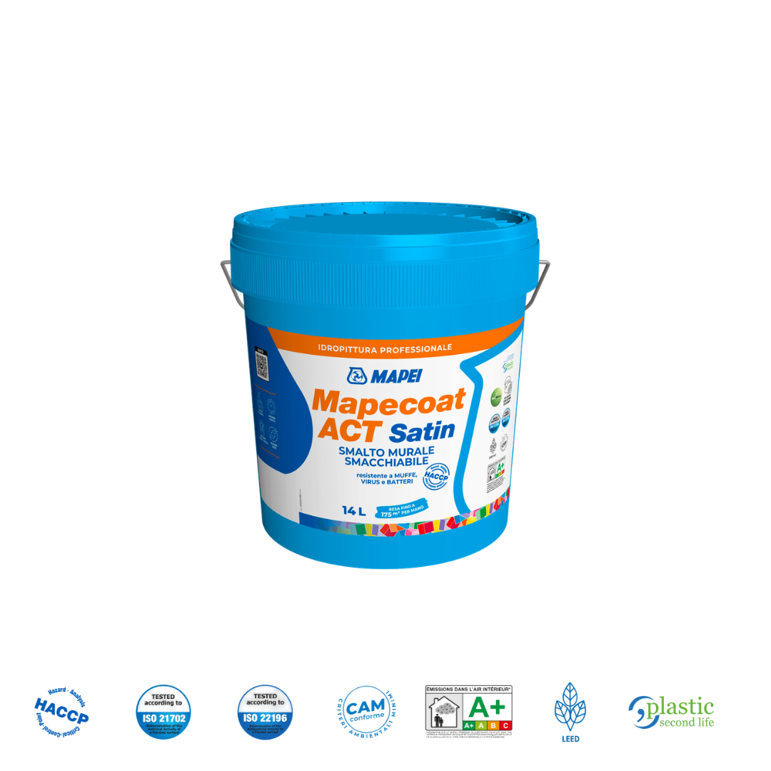 Mapecoat ACT Satin Smalto Murale Satinato Antimuffa 1, 4 e 14 L 100 Tonalità