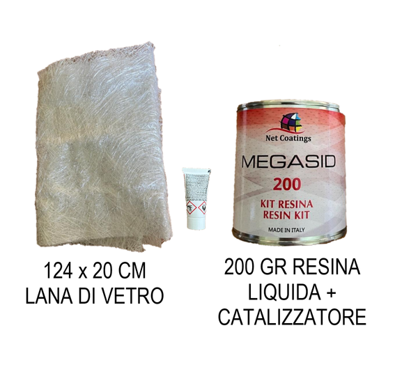 MEGASID 200 Kit Resina poliestere 200 gr e lana di vetro 0.25 mq riparazione plastiche e vetroresina